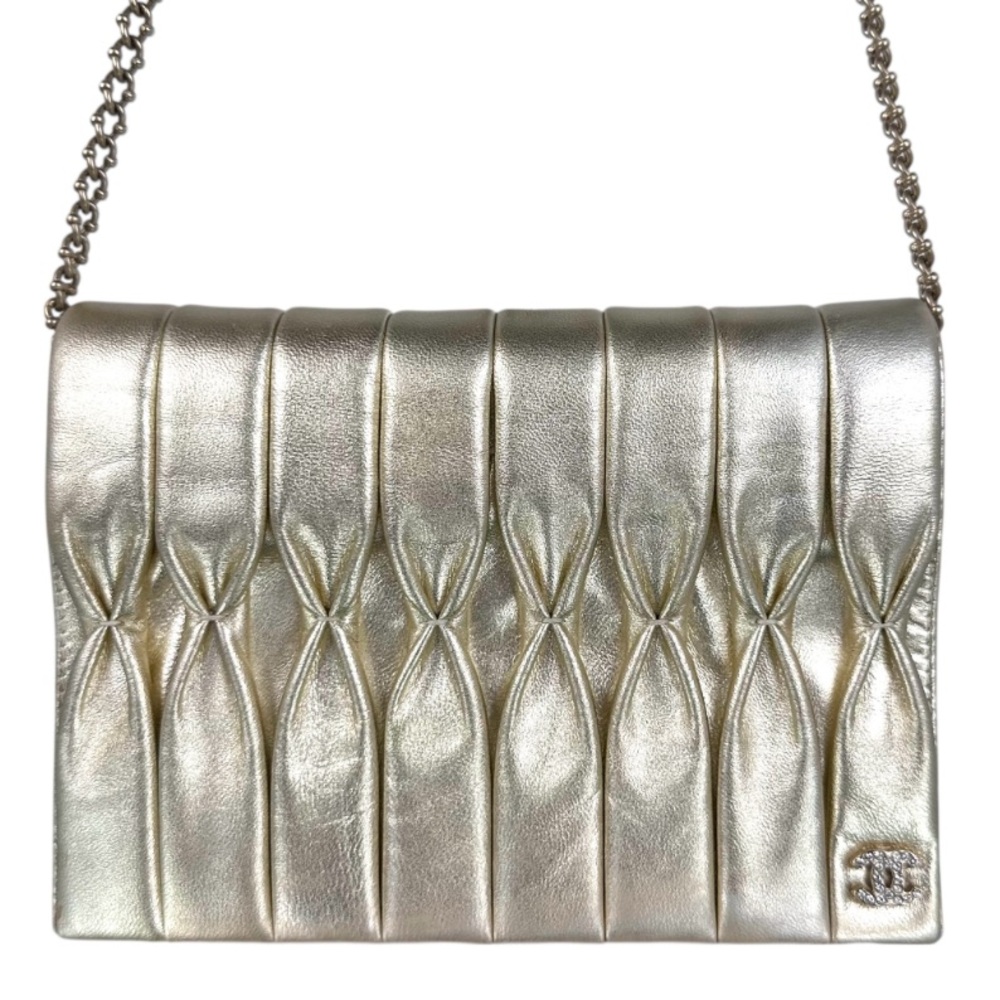 Authentic Chanel Silver Quilted Shoulder Bag with Chain Strap